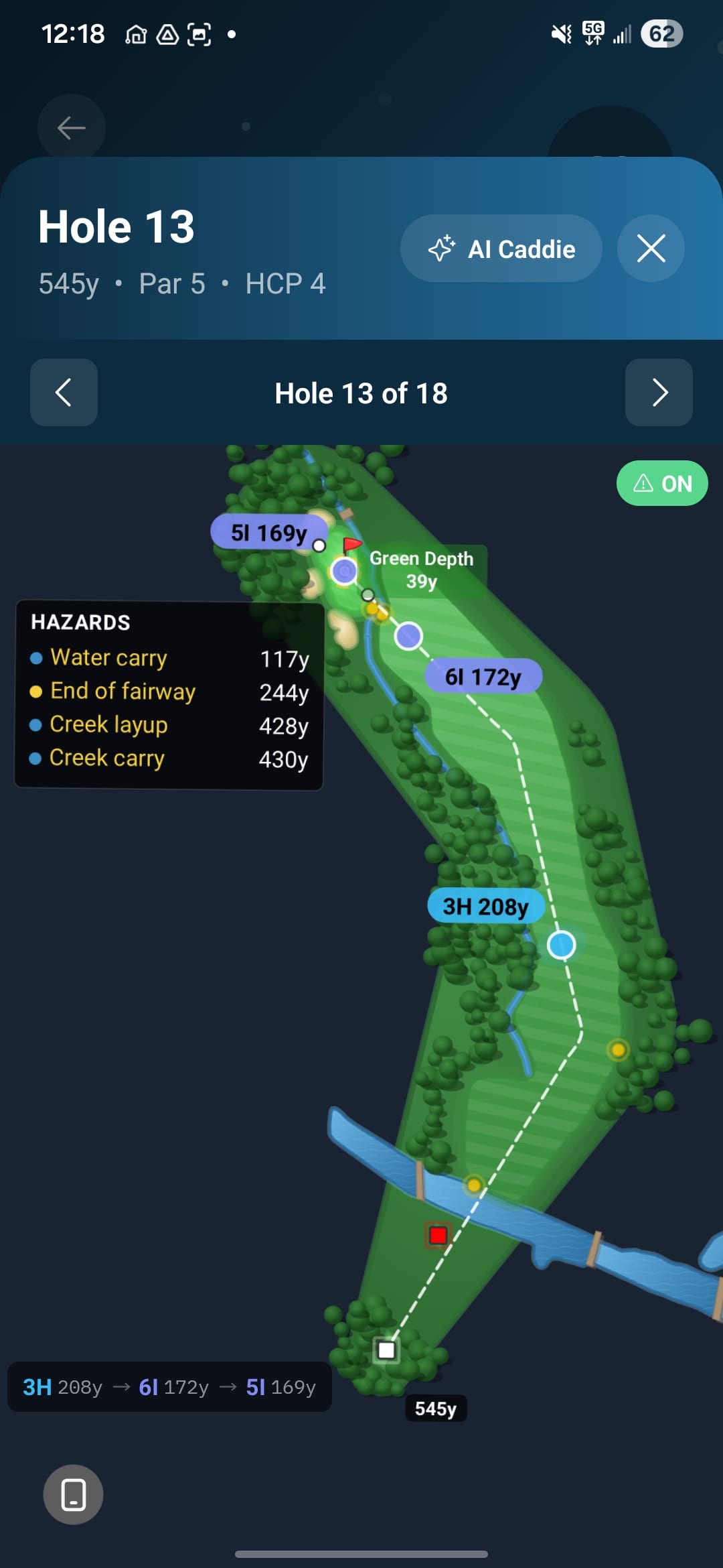 AI Caddie mid-strategy on Hole 13, showing course geometry, hazard distances, and a 3-wood recommendation based on player tendency