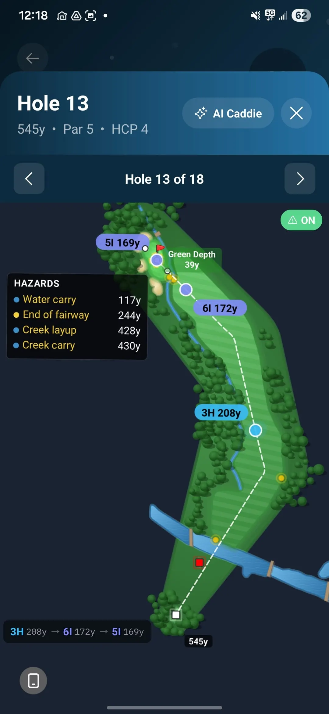 AI Caddie mid-strategy on Hole 13, showing course geometry, hazard distances, and a 3-wood recommendation based on player tendency