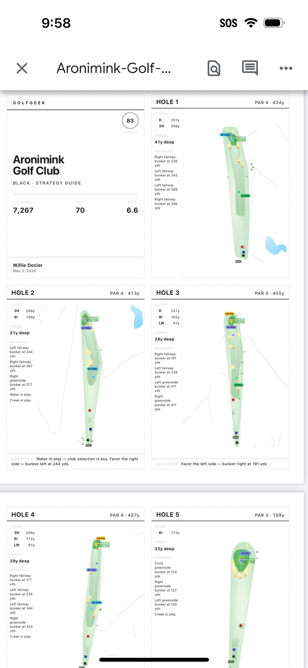 AI-generated course strategy guide for Aronimink Golf Club, showing how unstructured course information is converted to a structured, player-specific document
