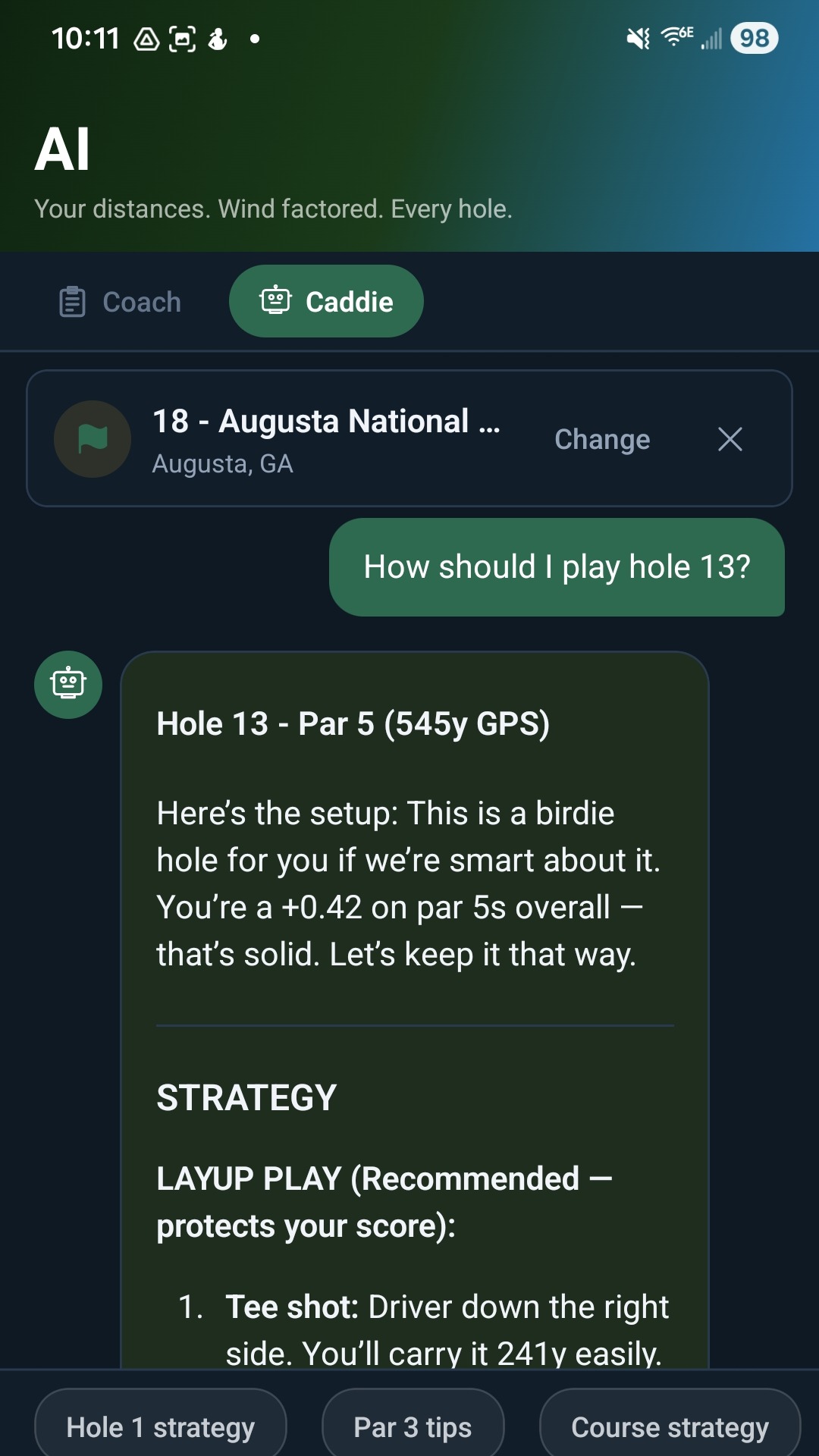 AI Caddie conversation showing specific shot advice referencing the player's left-miss tendency and previous performance on this hole