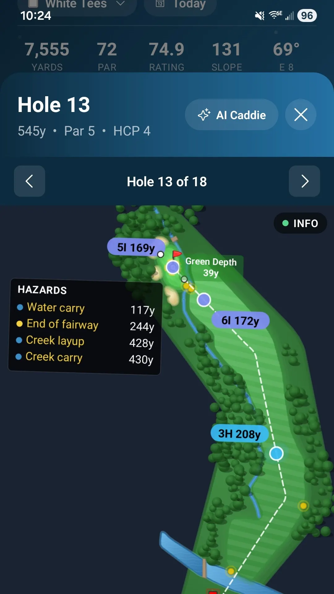 Round Prep screen showing hole-by-hole club recommendations derived from licensed course geometry fused with personal club tendency data