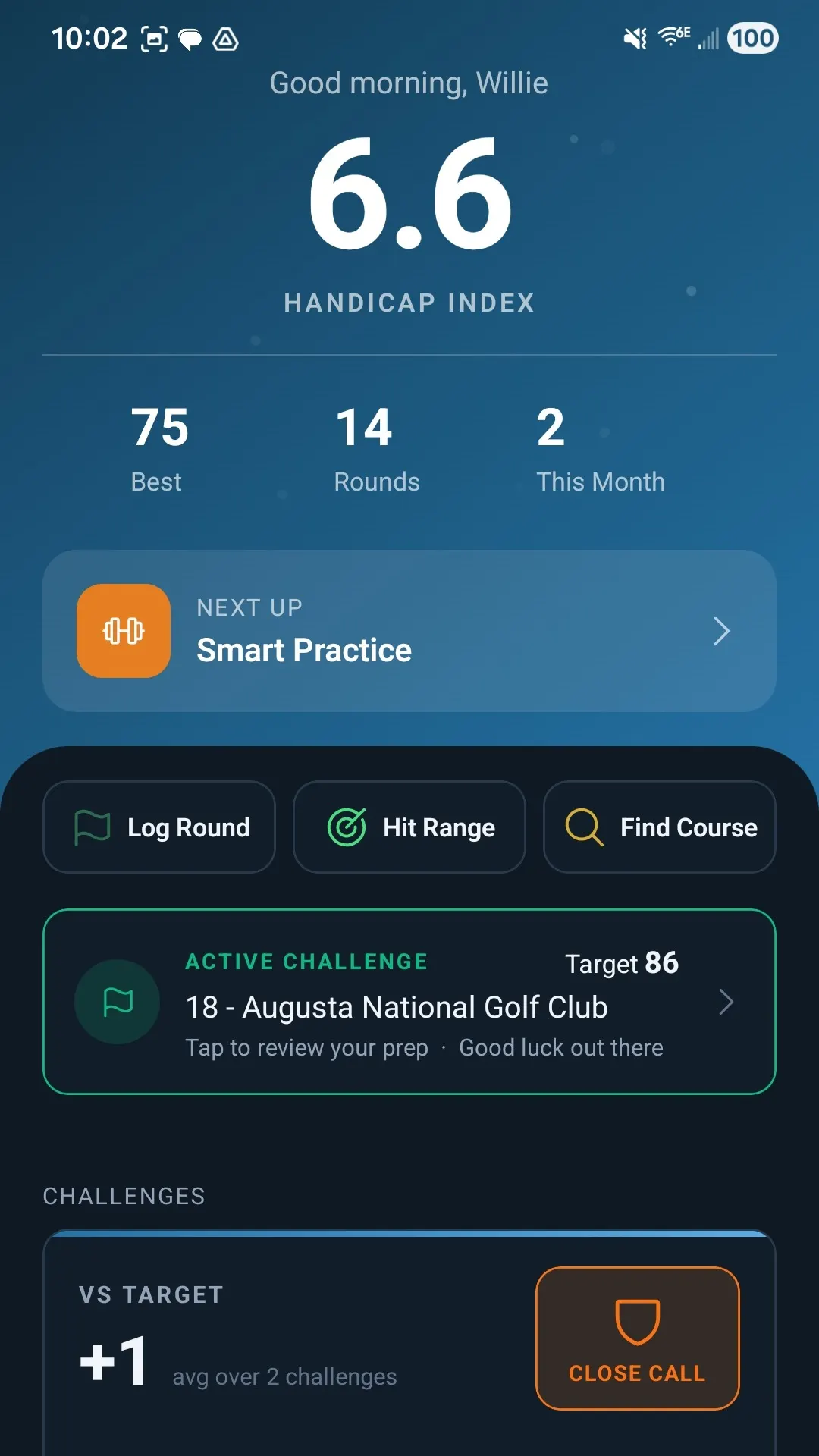 Golf Geek home dashboard showing handicap index, active course challenge, and contextual action surfaces surfaced at the right moment