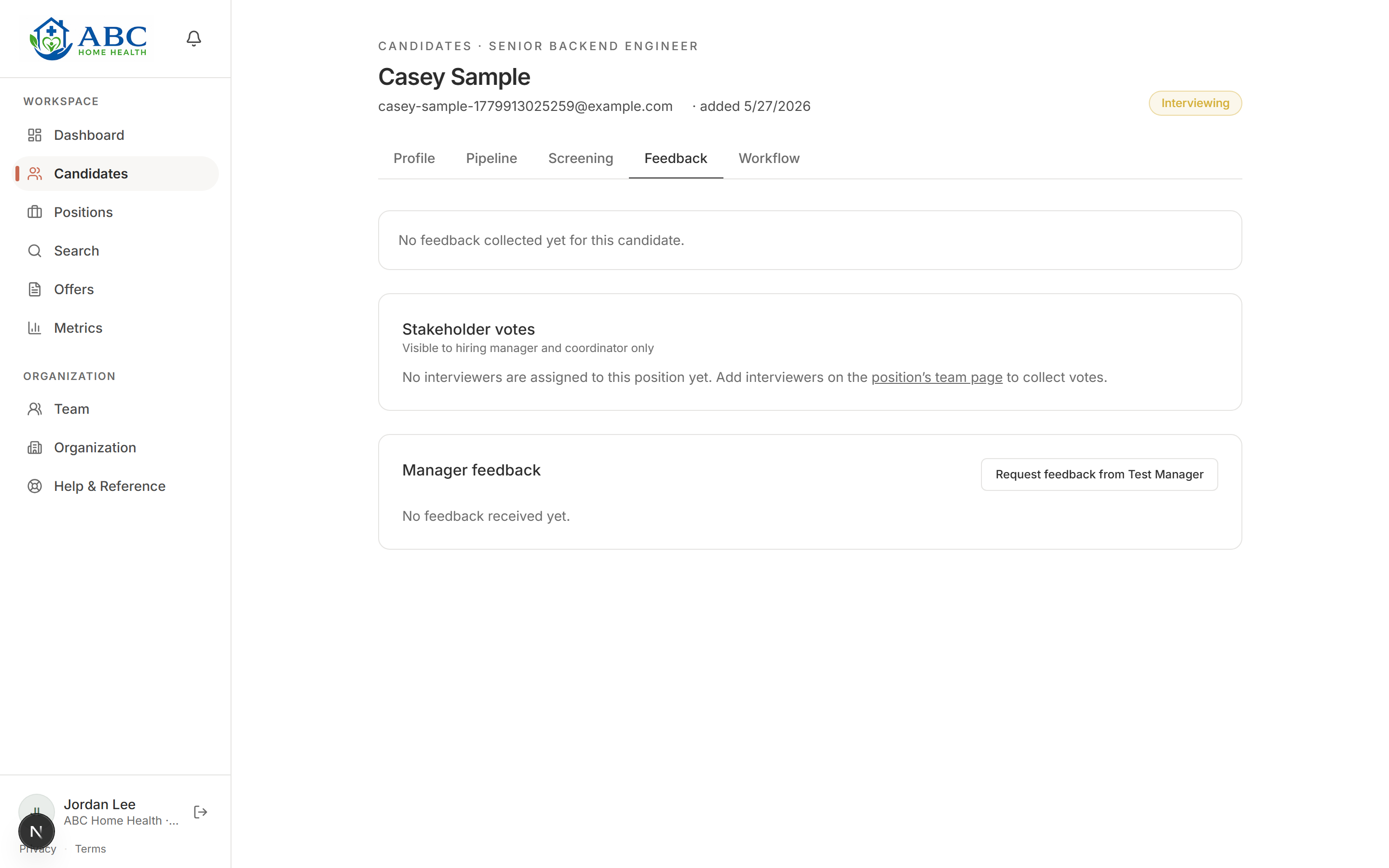 Hireware candidate feedback tab: stakeholder votes visible to the hiring manager and coordinator only, and a manager feedback request, all collected on one candidate record