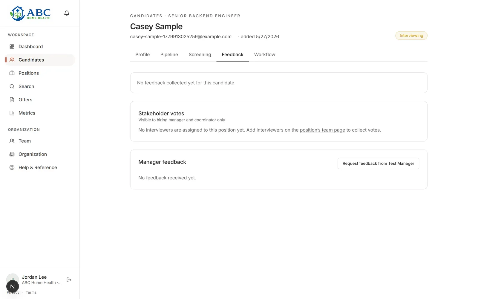 Hireware candidate feedback tab: stakeholder votes visible to the hiring manager and coordinator only, and a manager feedback request, all collected on one candidate record