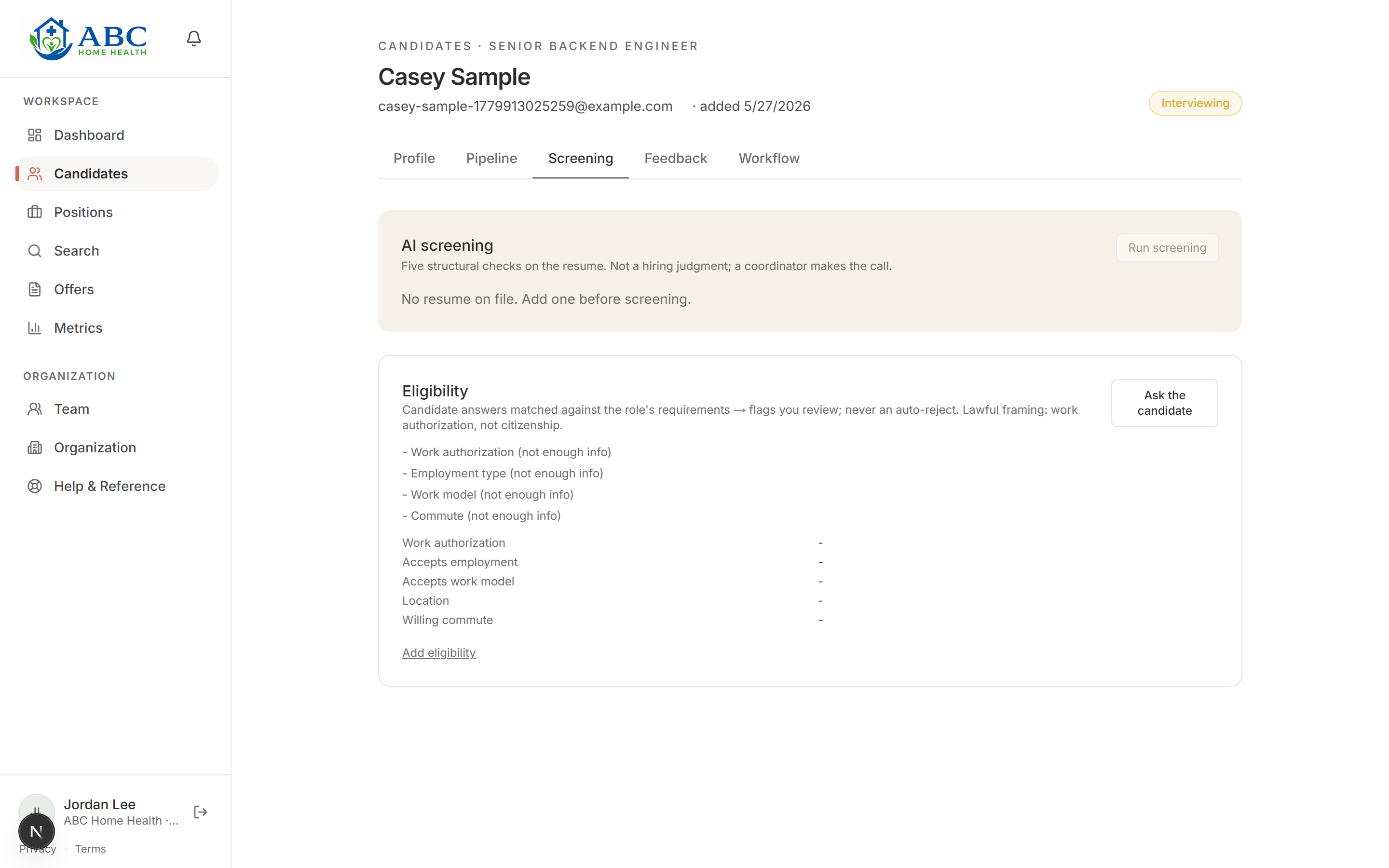 Hireware AI screening tab: five structural checks on the resume, described as not a hiring judgment and a coordinator makes the call, with eligibility flags to review and never an auto-reject