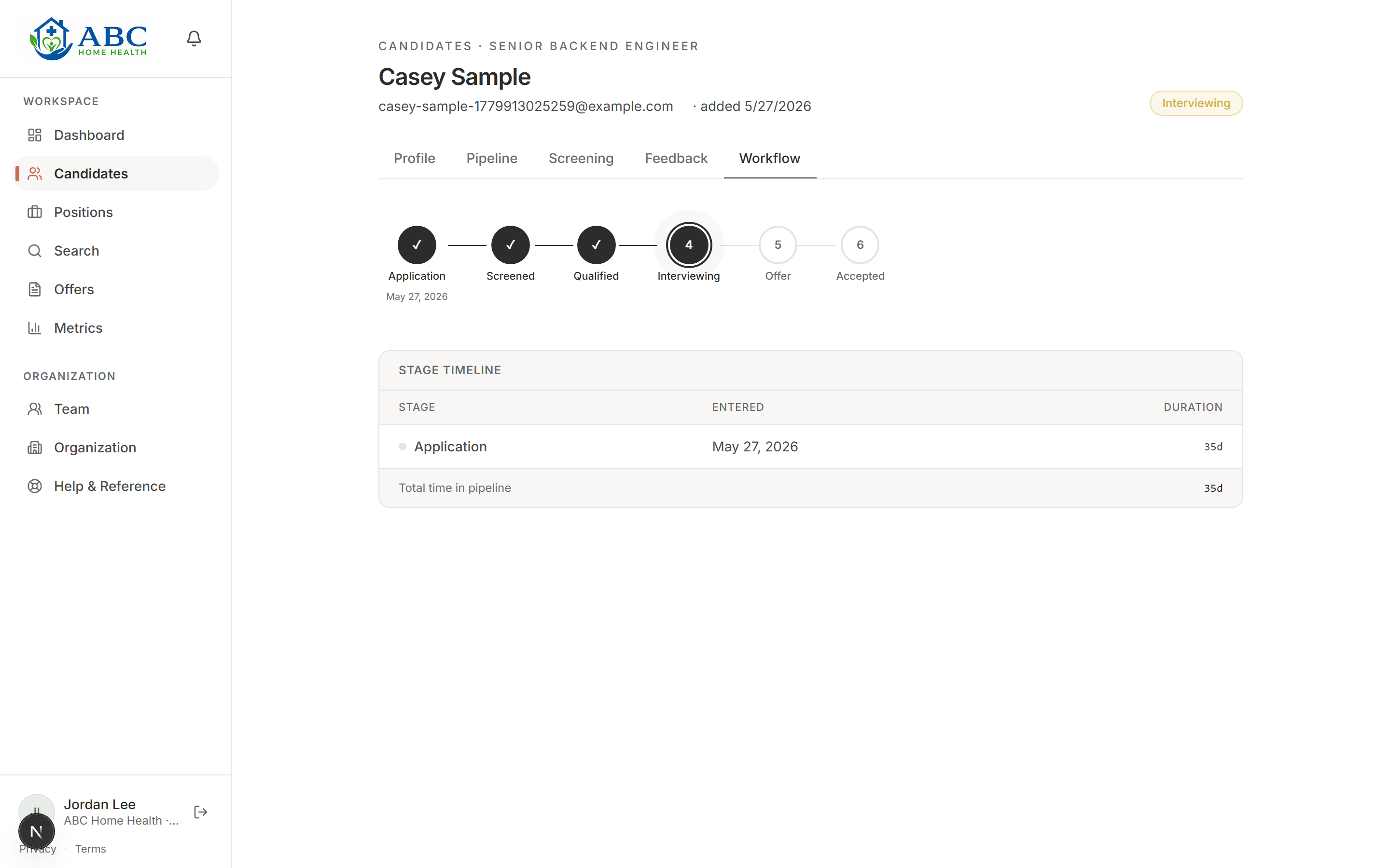 Hireware candidate workflow stepper moving from Application through Screened, Qualified, and Interviewing to Offer and Accepted, with a stage timeline showing time in each stage