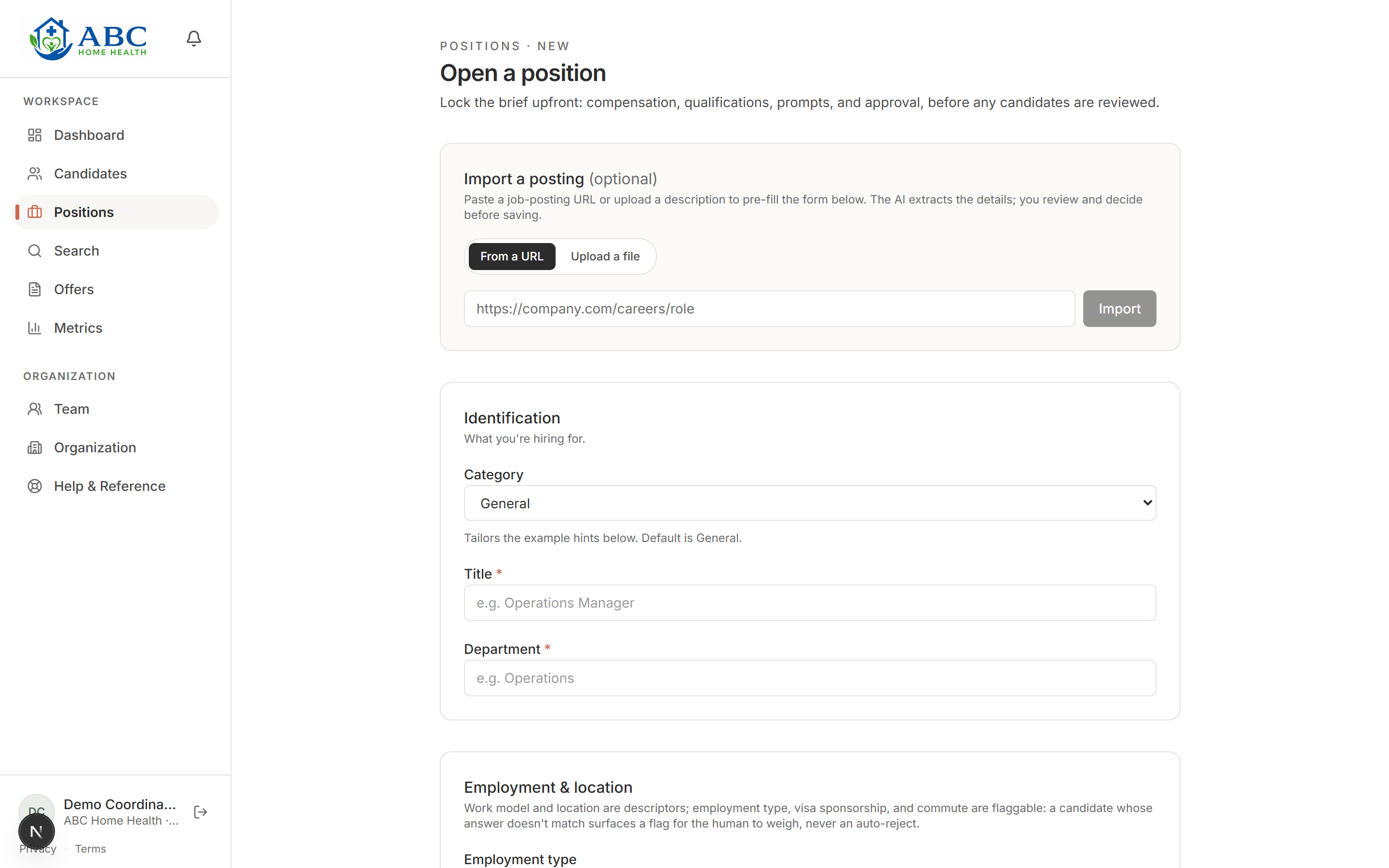 Hireware new-position screen: Open a position and lock the brief upfront, including compensation, qualifications, prompts, and approval, before any candidates are reviewed
