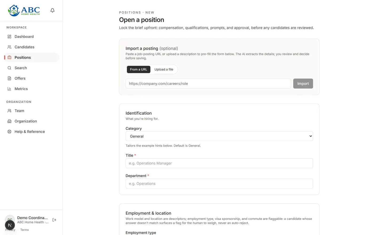 Hireware new-position screen: Open a position and lock the brief upfront, including compensation, qualifications, prompts, and approval, before any candidates are reviewed