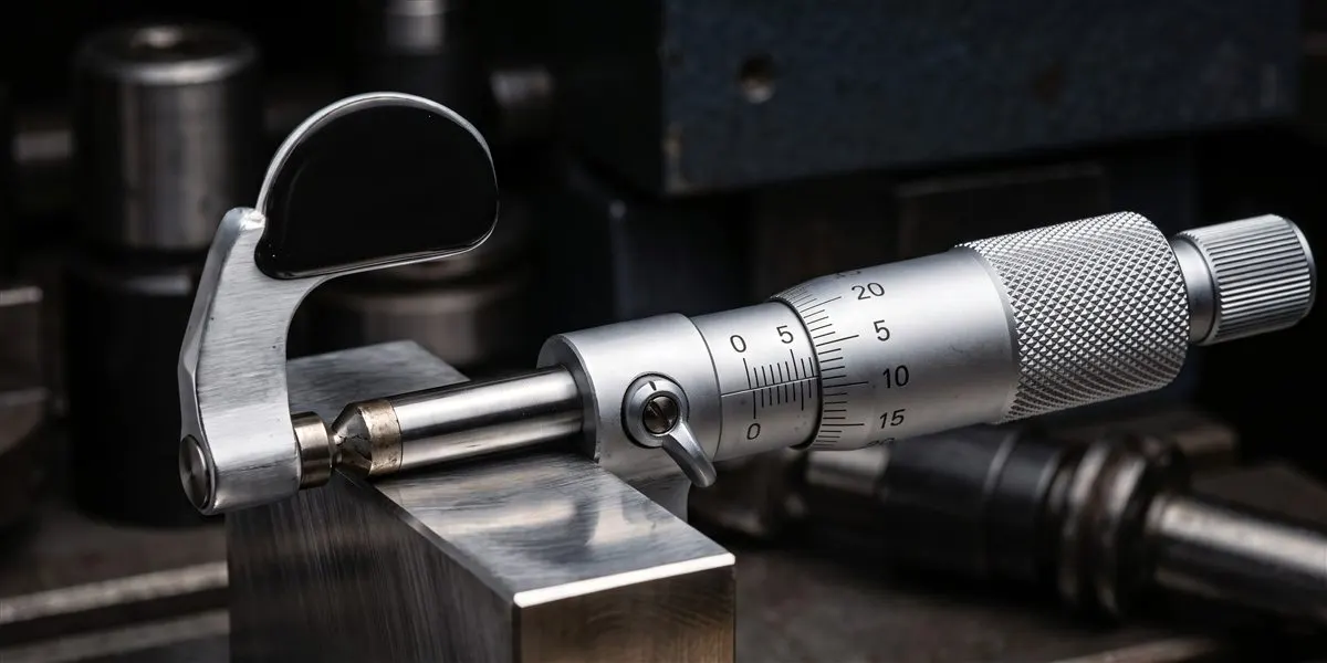 Precision micrometer measuring a raw steel block